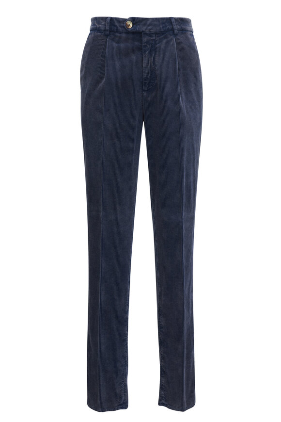 Brunello Cucinelli - Navy Blue Wide Corduroy Pleated Pant 