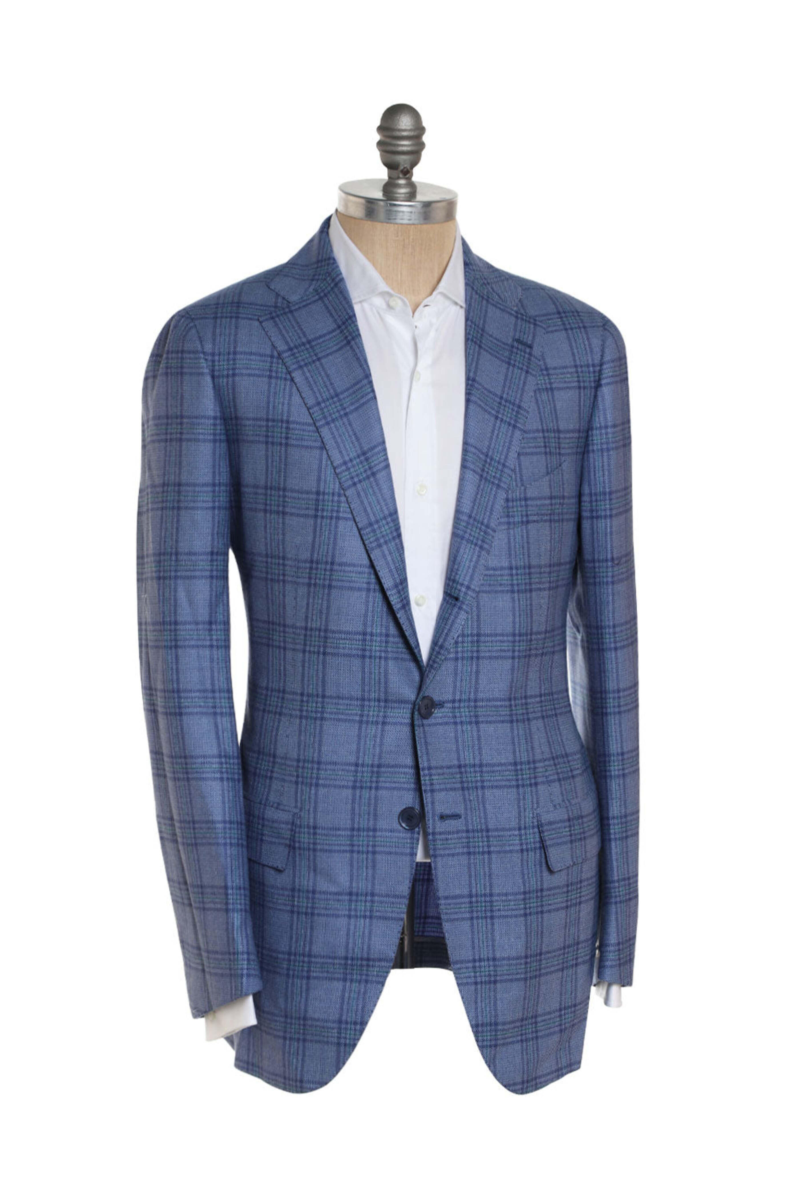 Cesare Attolini - Blue and Green Wool Blend Plaid Sportcoat