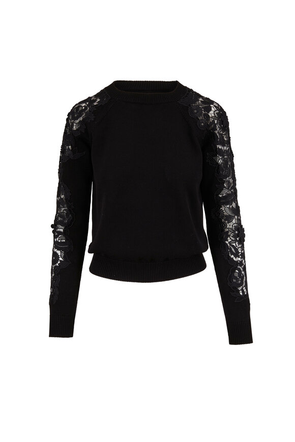 Carolina Herrera - Black Lace Panel Long Sleeve Knit Top