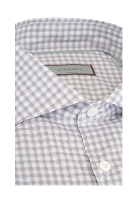 Canali Taupe & White Check Cotton Sport Shirt - view 3
