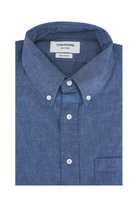 Thom Browne 4 Bar Chambray Blue Straight Fit Cotton Shirt