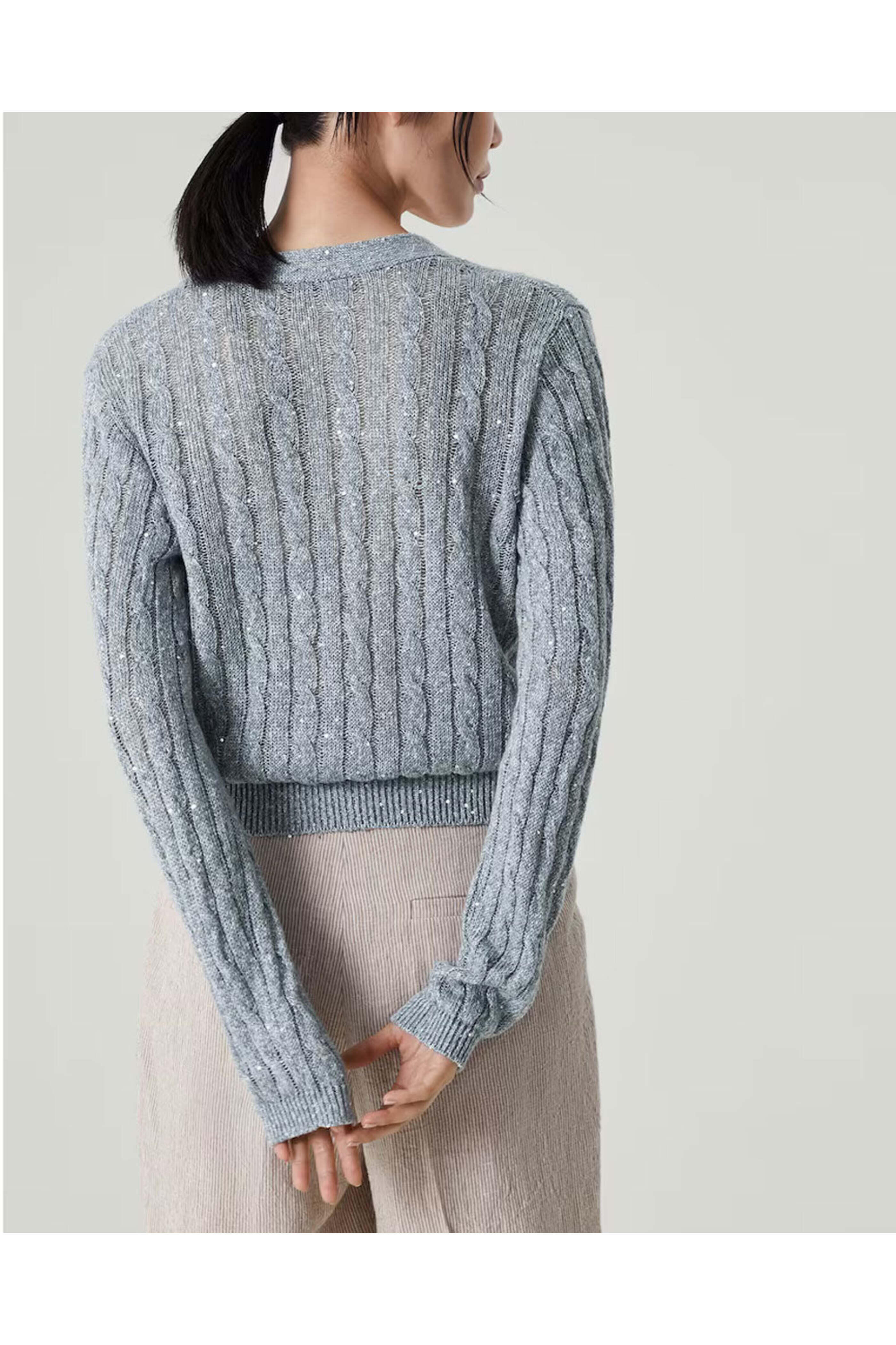 Brunello Cucinelli - Light Blue Embellished Cable Knit Button Cardigan