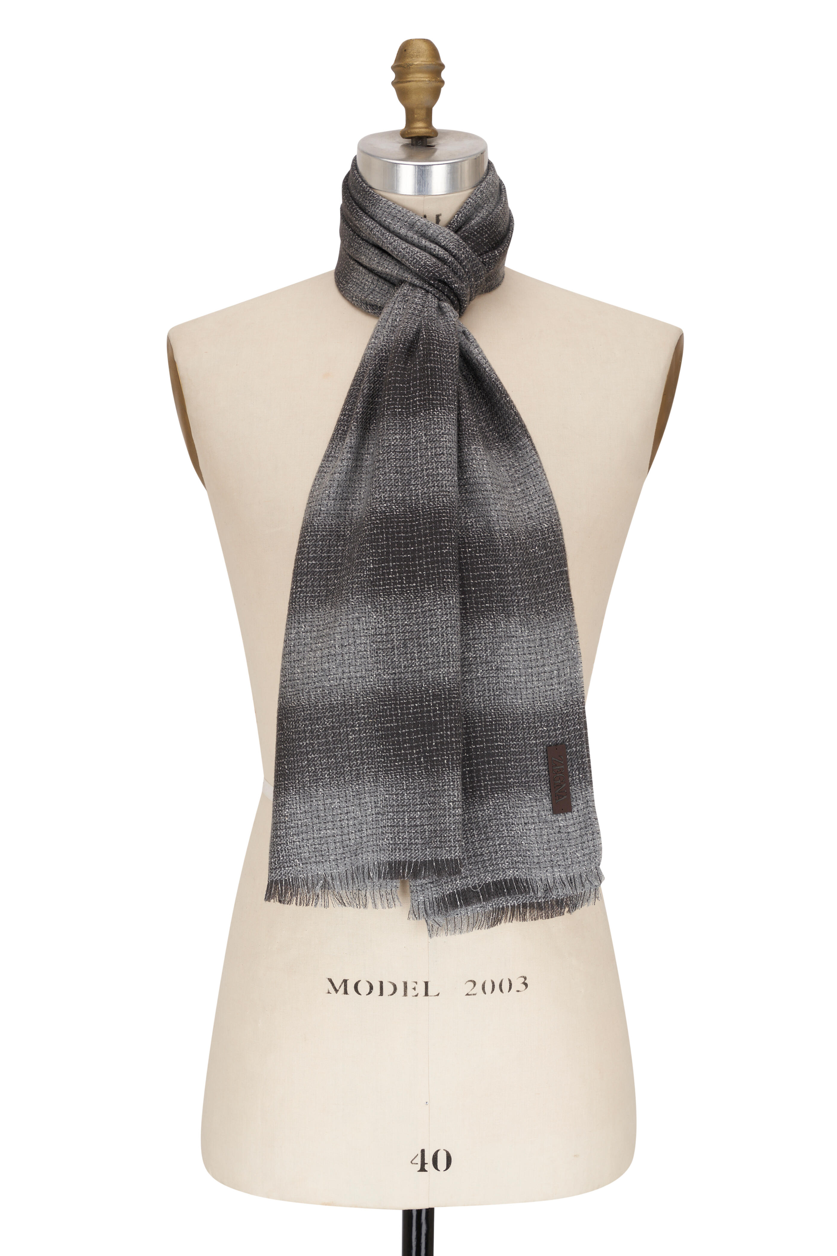 Zegna - Gray Wool & Silk Check Scarf | Mitchell Stores