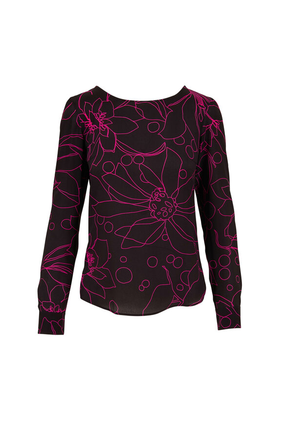 Akris Punto - Black & Neon Pink Floral Print Silk Blouse