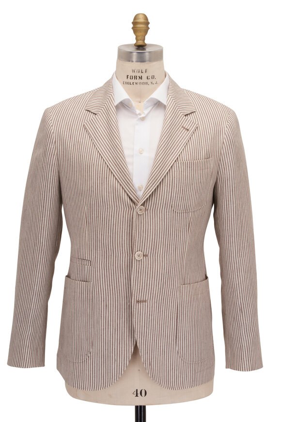 Brunello Cucinelli - Brown & White Striped Linen & Wool Sportcoat