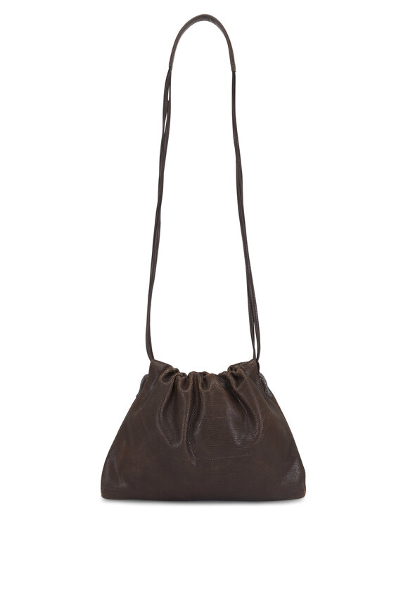 Brunello Cucinelli Dark Brown Lizard Leather Drawstring Crossbody