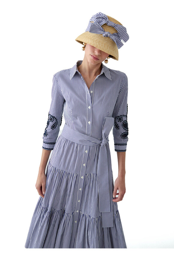 Carolina Herrera Blue & White Embroidered Stripe Midi Shirtdress - view 4