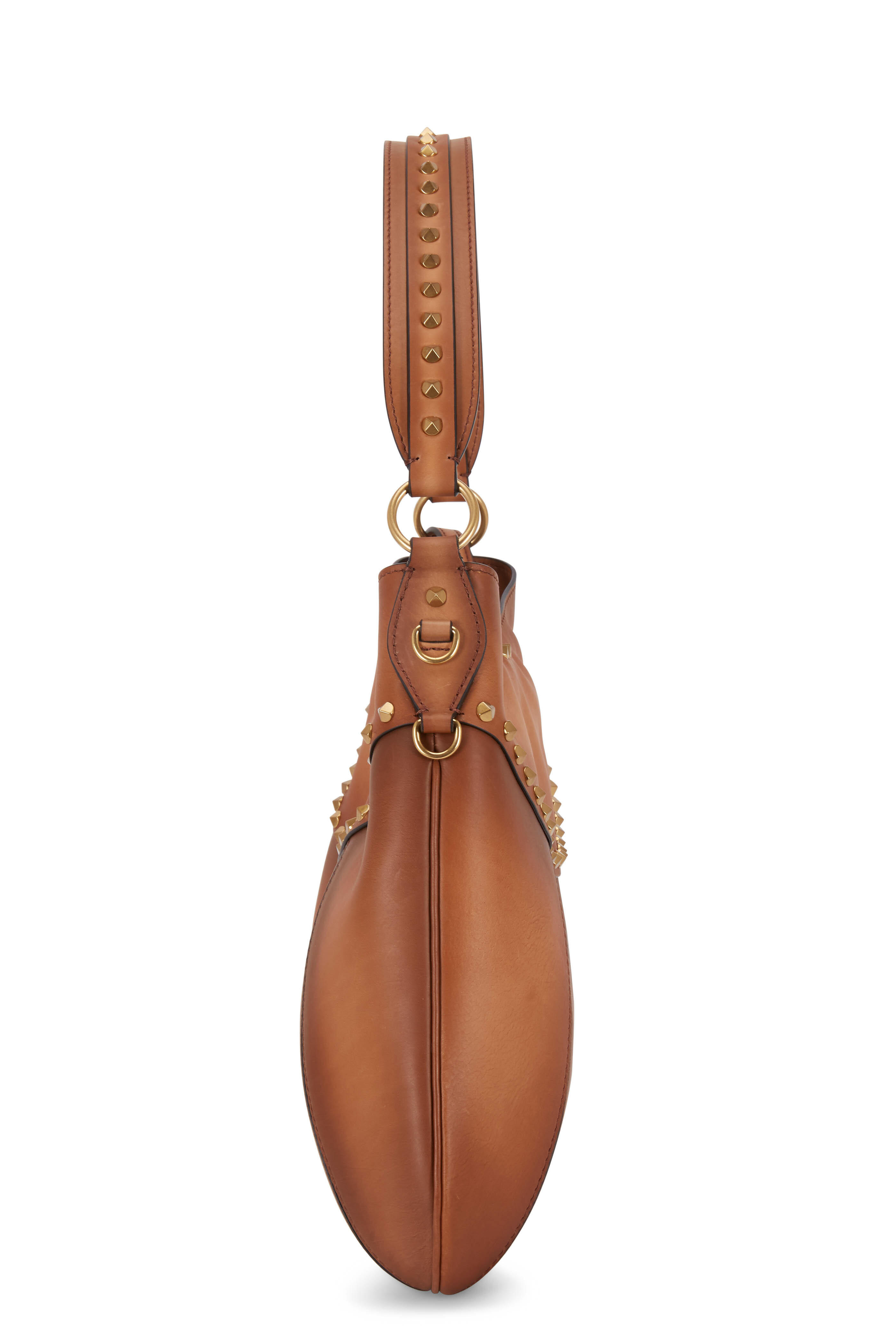 Valentino Garavani Twinkle Studs Cognac Leather Medium Hobo Bag