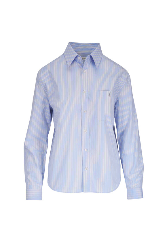 Saint Laurent Ash Blue & Ivory Stripe Cotton Chemise Blouse