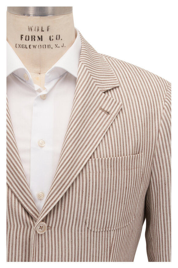 Brunello Cucinelli - Brown & White Striped Linen & Wool Sportcoat