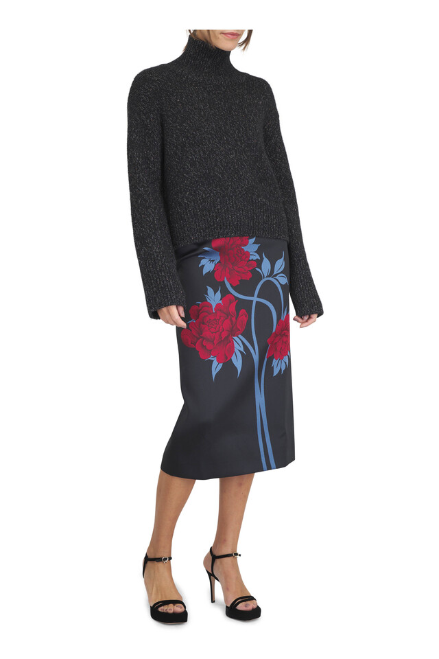 Designer outfit featuring Black Velvet Platform Sandal, 70mm and Blue & Black Peonies Jacquard Pencil Skirt