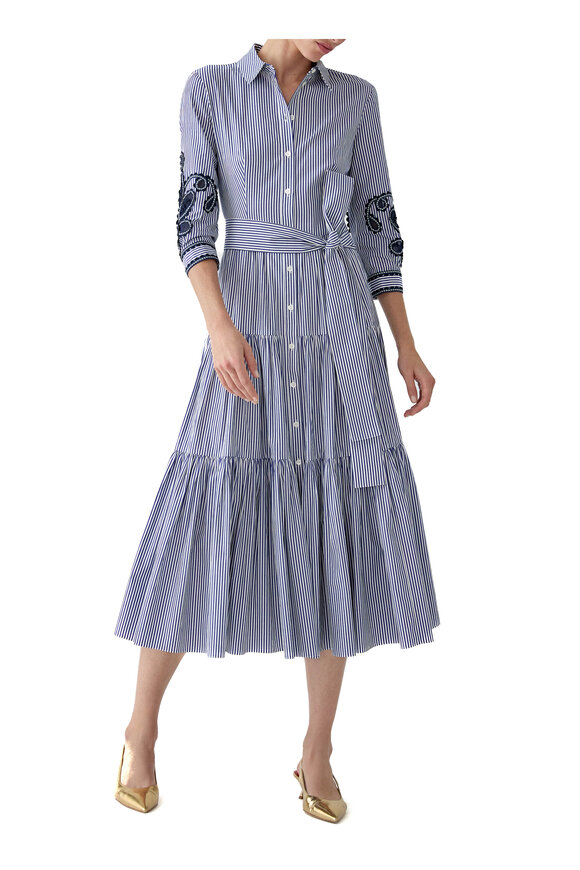 Carolina Herrera - Blue & White Embroidered Stripe Midi Shirtdress Carolina Herrera - Blue & White Embroidered Stripe Midi Shirtdress