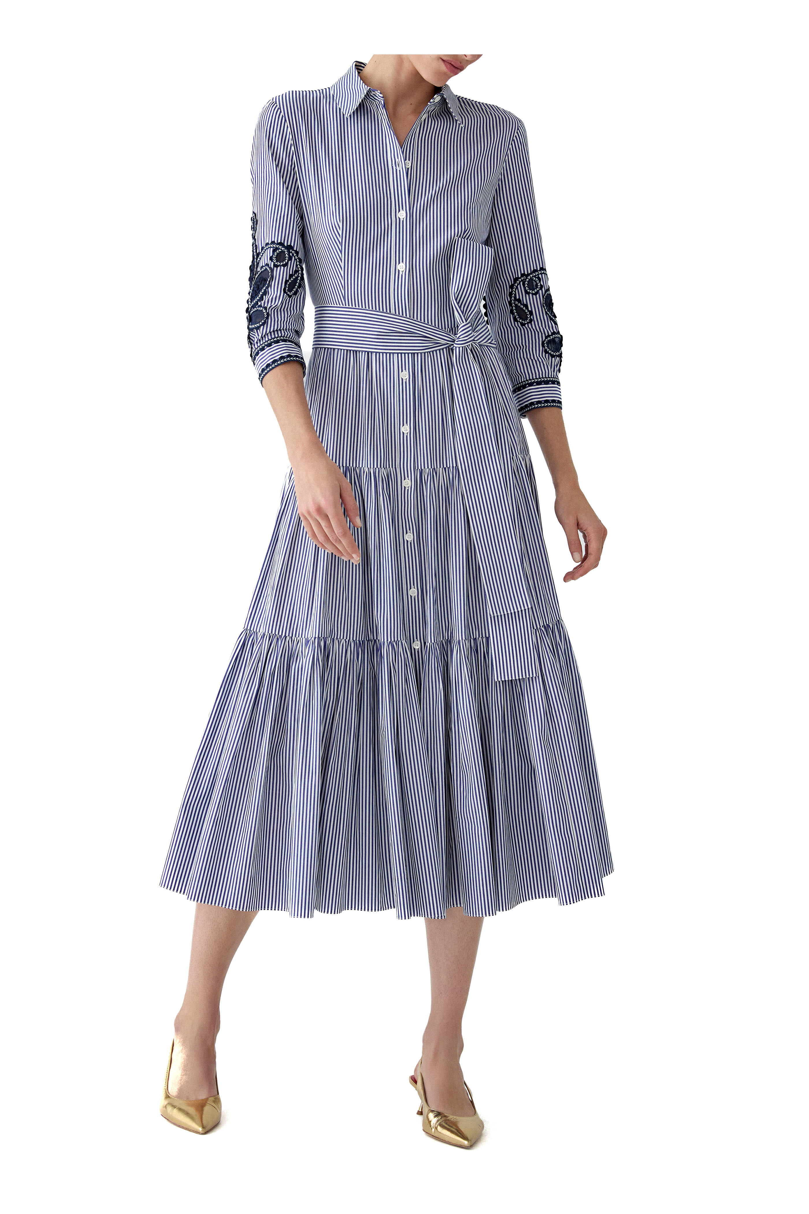 Carolina Herrera - Blue & White Embroidered Stripe Midi Shirtdress