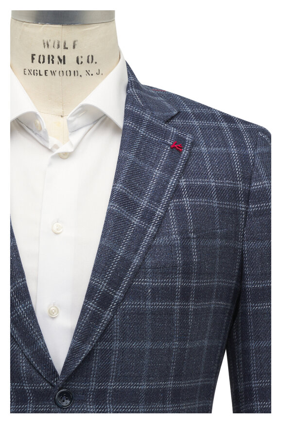 Isaia Medium Blue Rustic Overcheck Sport Coat