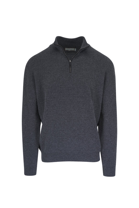 Canali Charcoal Gray Textured Quarter Zip Pullover - view 1