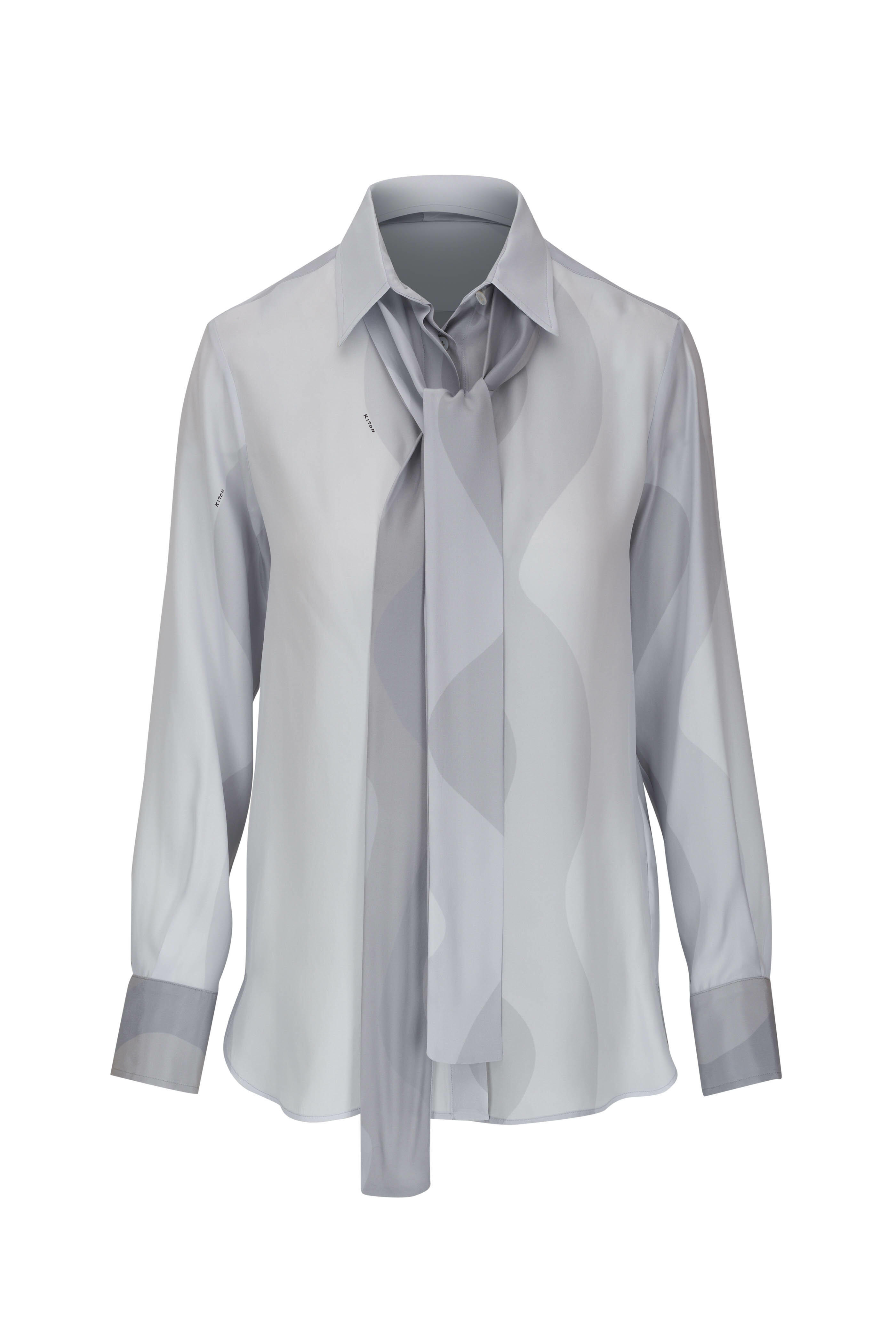 Kiton - Gray Wave Print Silk Neck Tie Blouse | Mitchell Stores