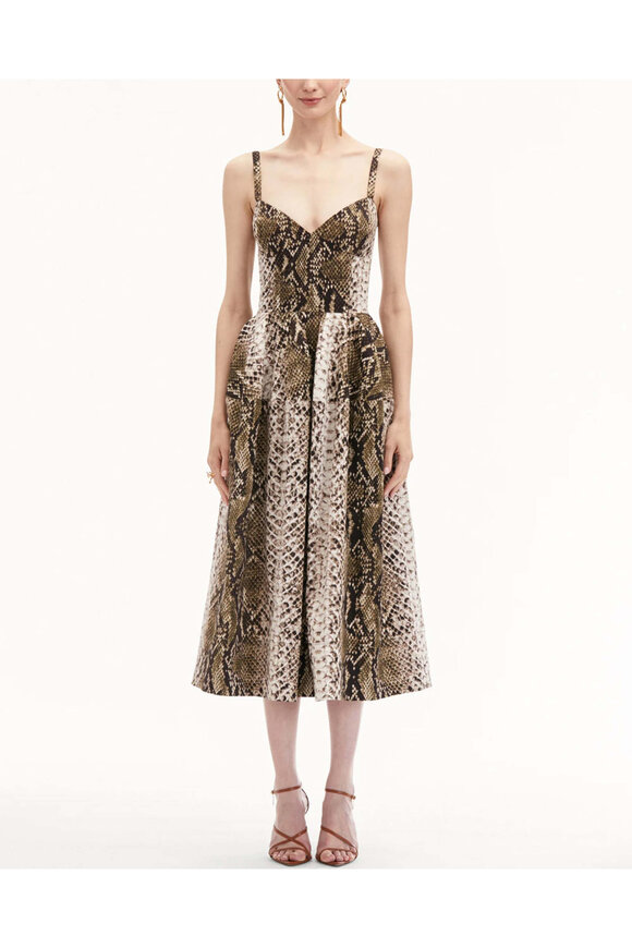 Oscar de la Renta - Olive Snake Print V Neck Midi Dress