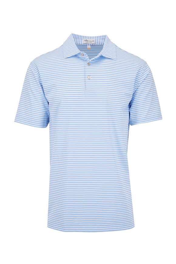 Peter Millar Light Blue & White Striped Mesh Performance Polo