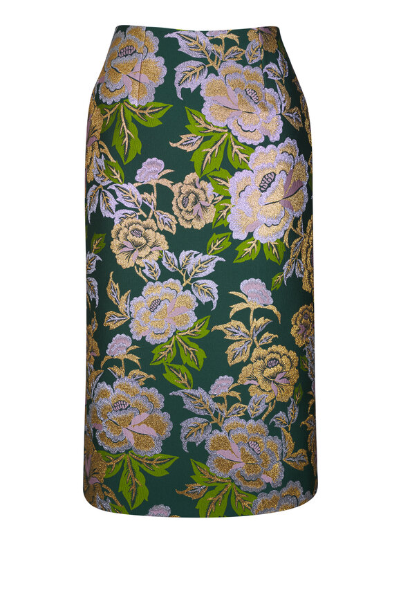 Carolina Herrera Pine Multi Floral Lurex Jacquard Midi Skirt