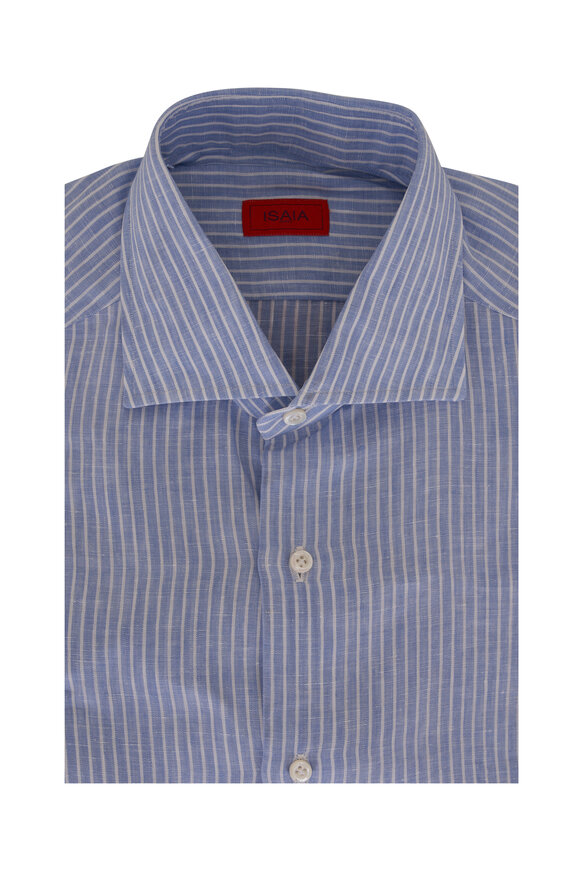 Isaia - Light Blue & White Striped Linen Dress Shirt