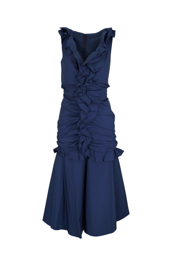 Carolina Herrera Navy Ruched Ruffle Midi Dress