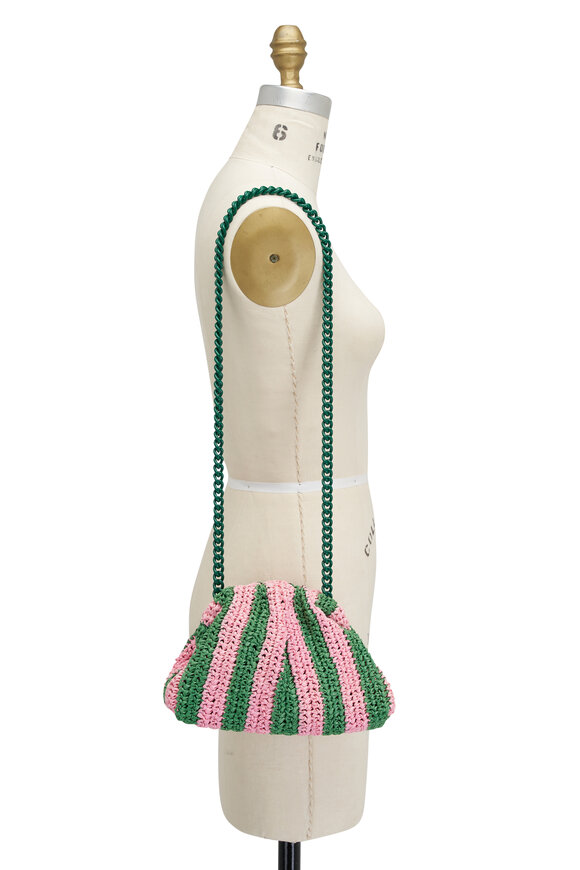 Maria La Rosa - Mini Game Pink & Green Stripe Woven Raffia Bag 