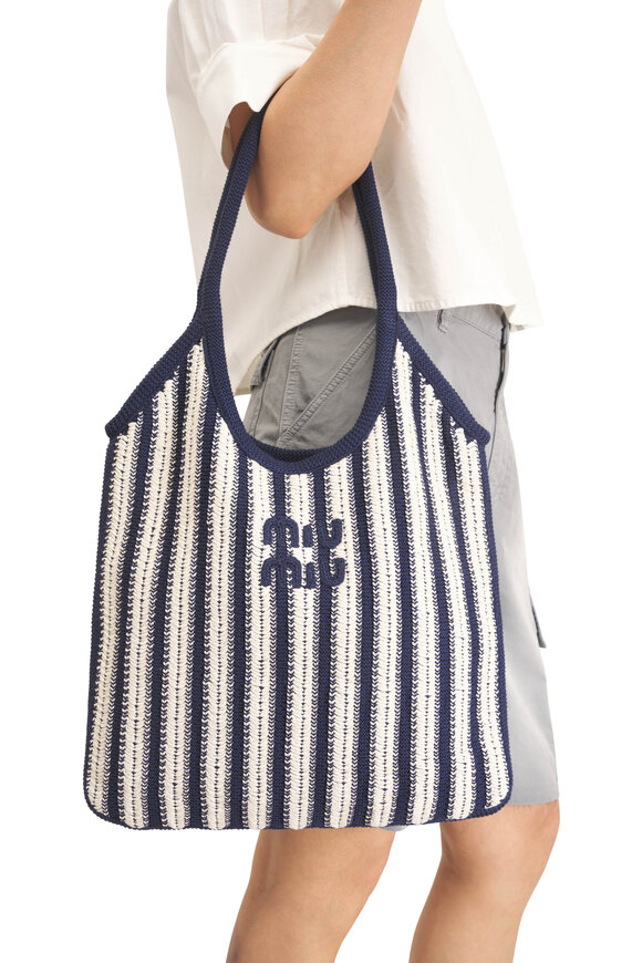 Miu Miu Ivy Navy & Chalk White Stripe Crochet Tote - view 2
