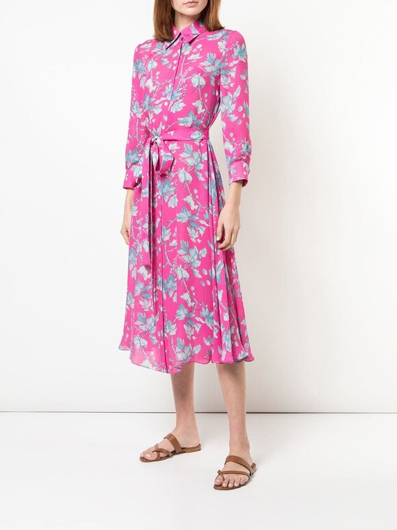 Carolina Herrera - Pink & Blue Floral Printed Belted Shirtdress 