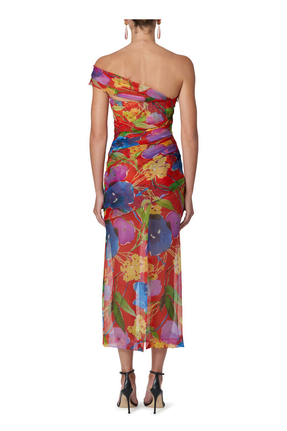 Carolina Herrera - Red Floral One-Shoulder Ruched Chiffon Dress