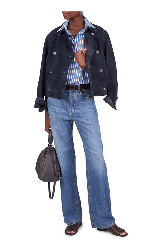 Brunello Cucinelli Navy Blue Suede Double Breasted Jacket - view 2