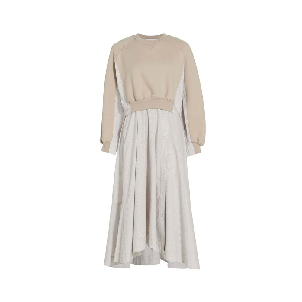 open lace back dress 3.1 Phillip Lim Sweatshirt Combo Dress with Pleated Skirt, Dk Chocolate, Women's, L, Casual & Work Dresses Shirtdresses Button-Down Shirt Dresses