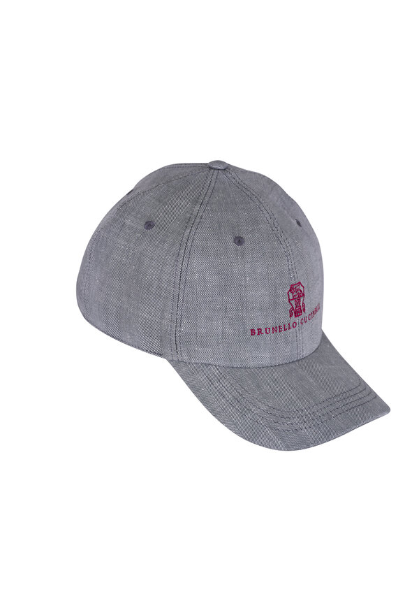 Brunello Cucinelli Light Gray Herringbone Logo Baseball Cap