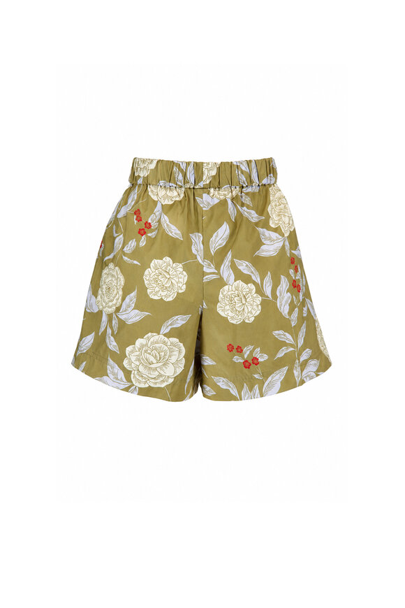 Tanya Taylor Fallon Artichoke & Lilac Cotton Shorts - view 2