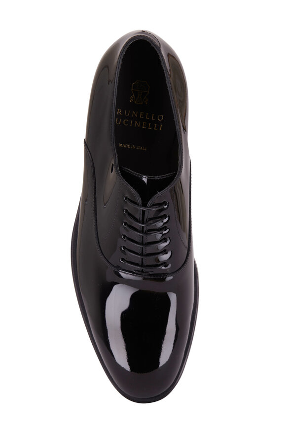 Image showcasing Brunello Cucinelli - Black Patent Leather Tuxedo Shoe