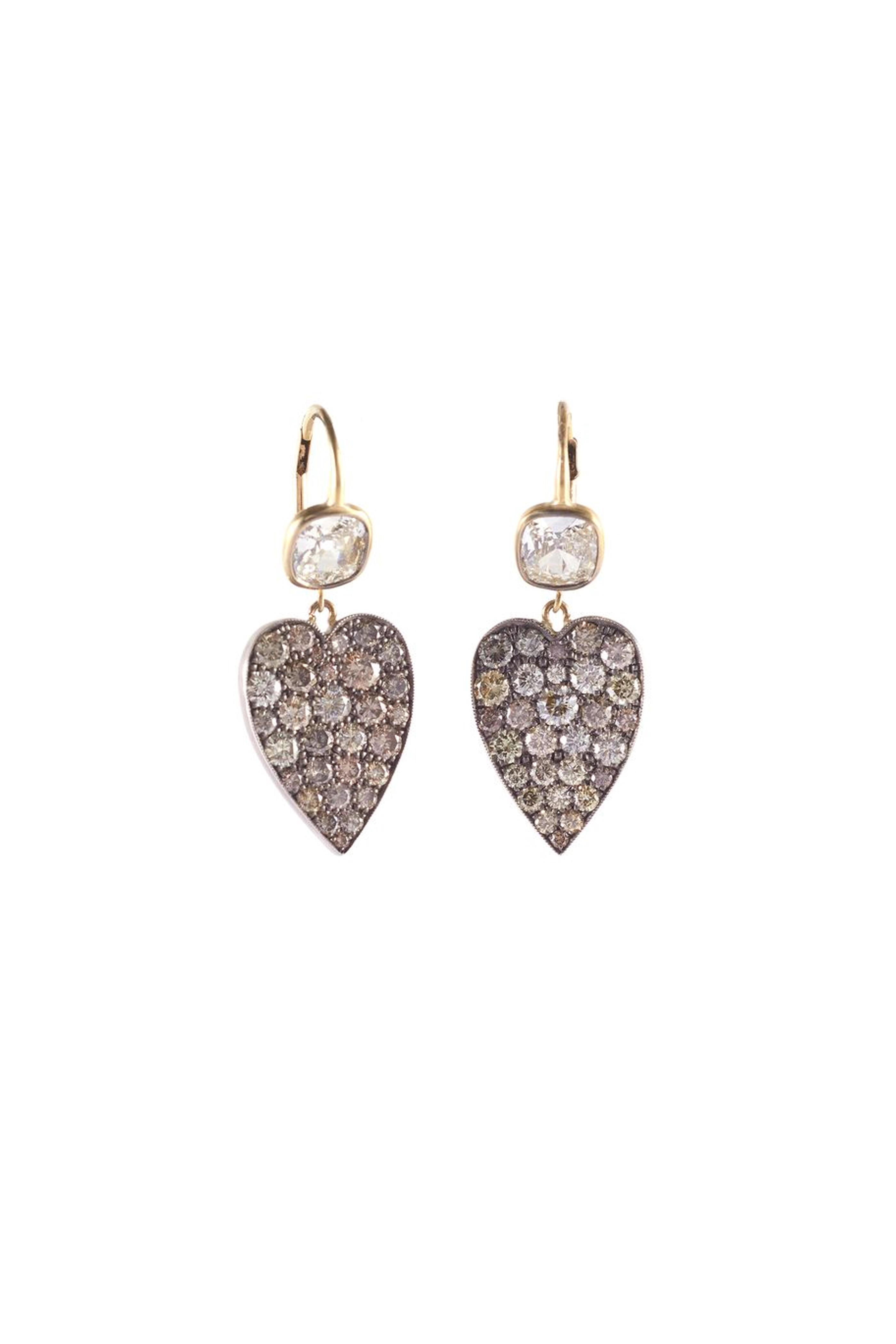 Sylva & Cie - Old European Diamond Heart Drop Earrings