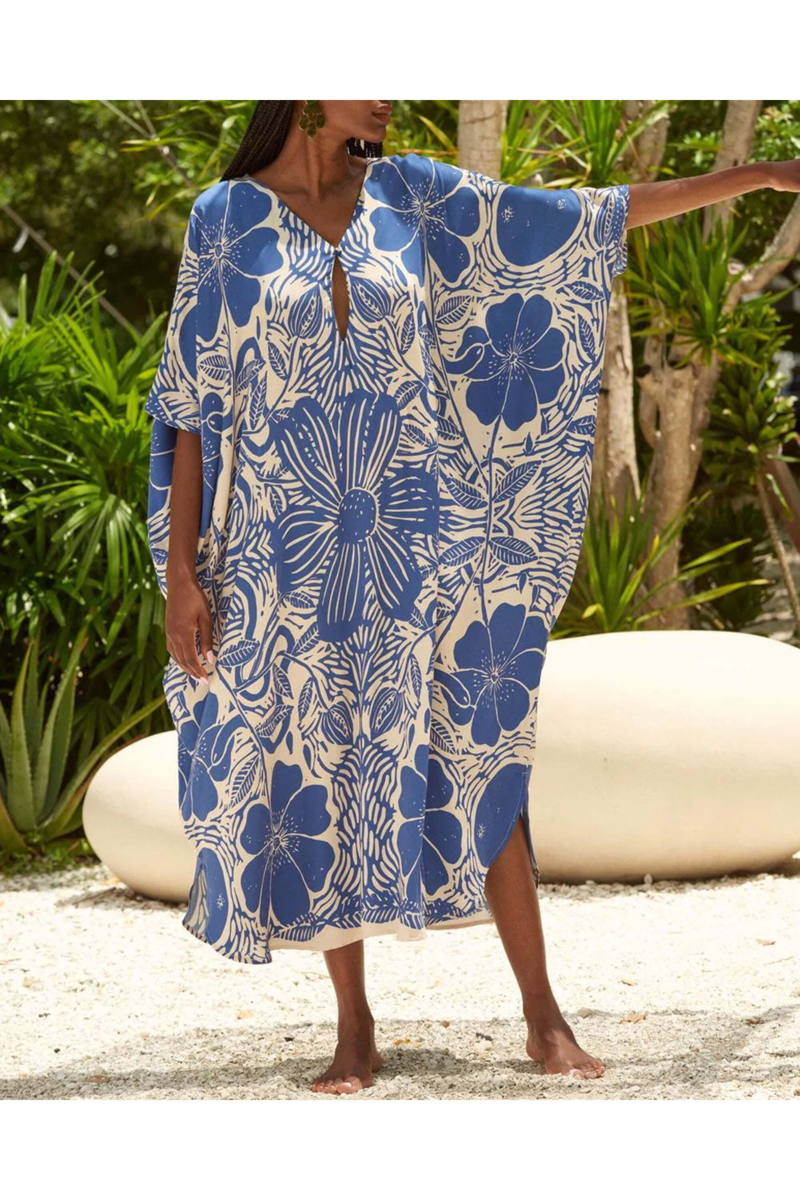 Carolina K - Blue Etched Flower Xime Kaftan