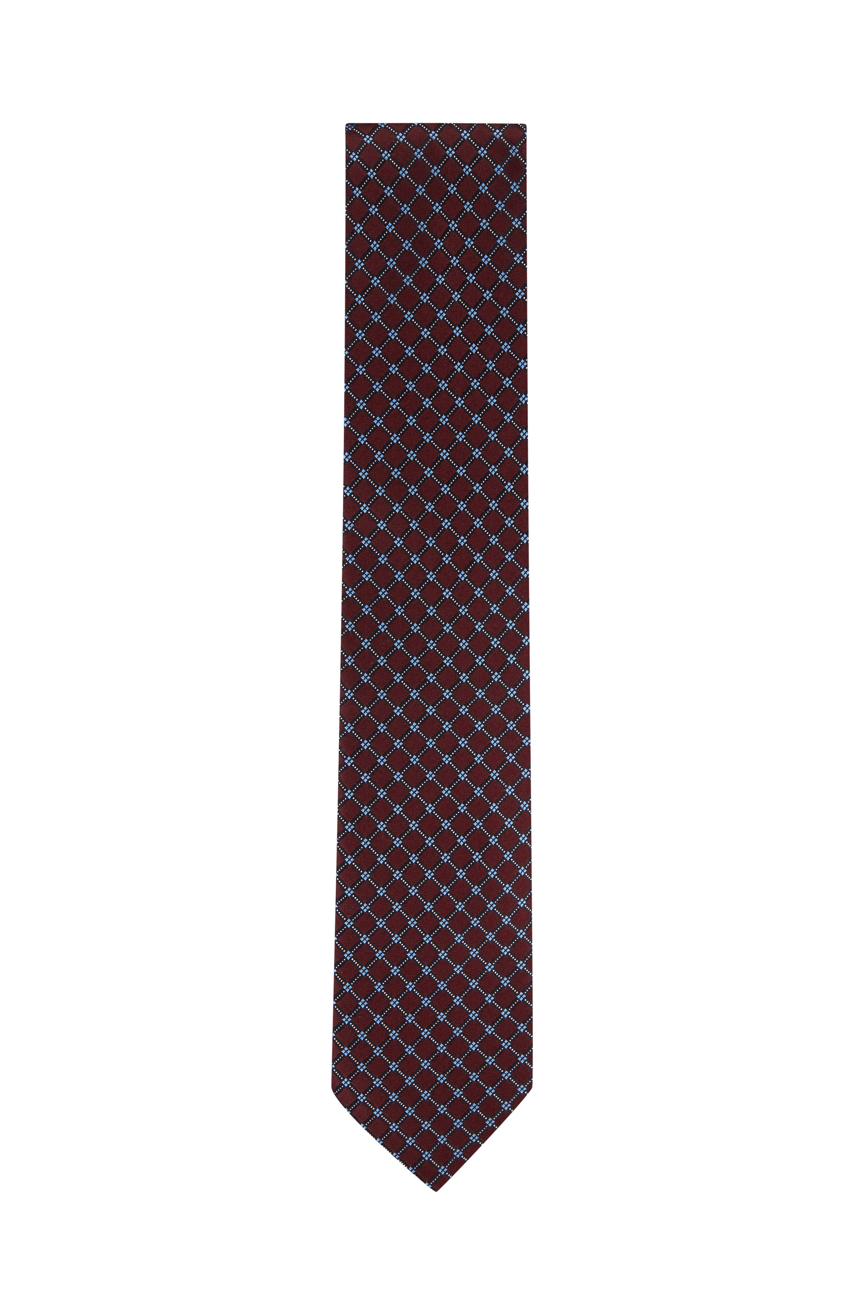 Zegna - Burgundy Geometric Print Silk Necktie | Mitchell Stores