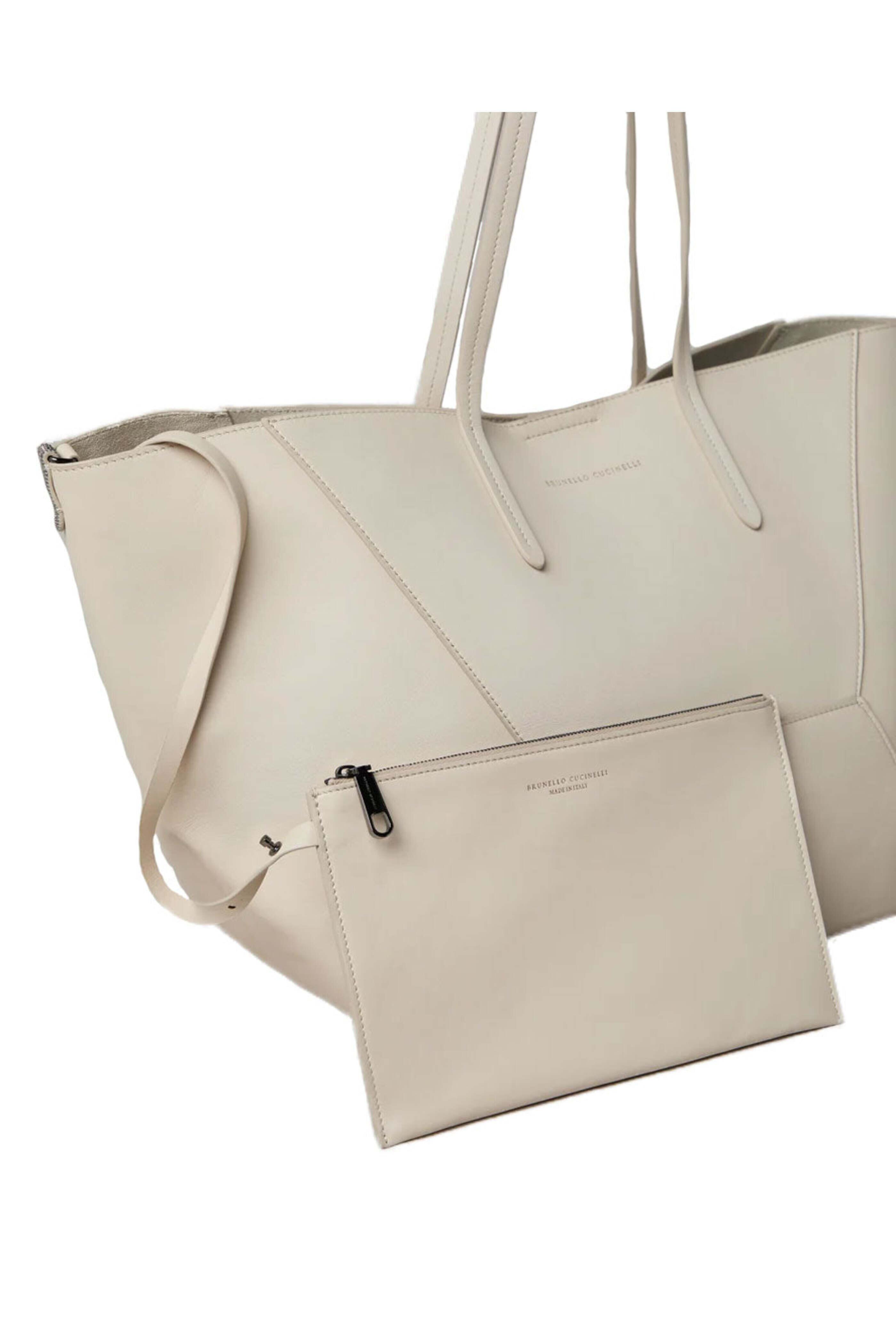 Brunello Cucinelli - Calfskin Shopper Tote Bag in Ivory