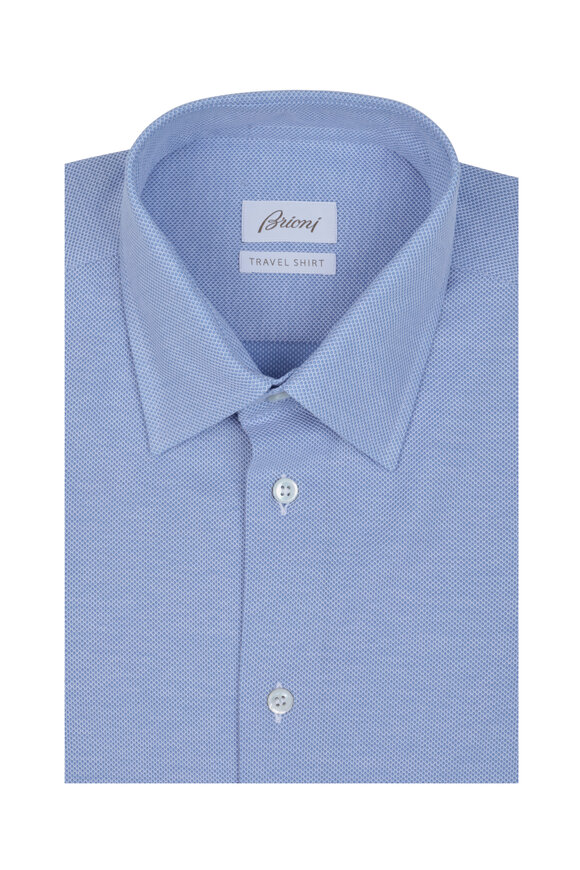 Brioni - Solid Blue Textured Knit Travel Shirt