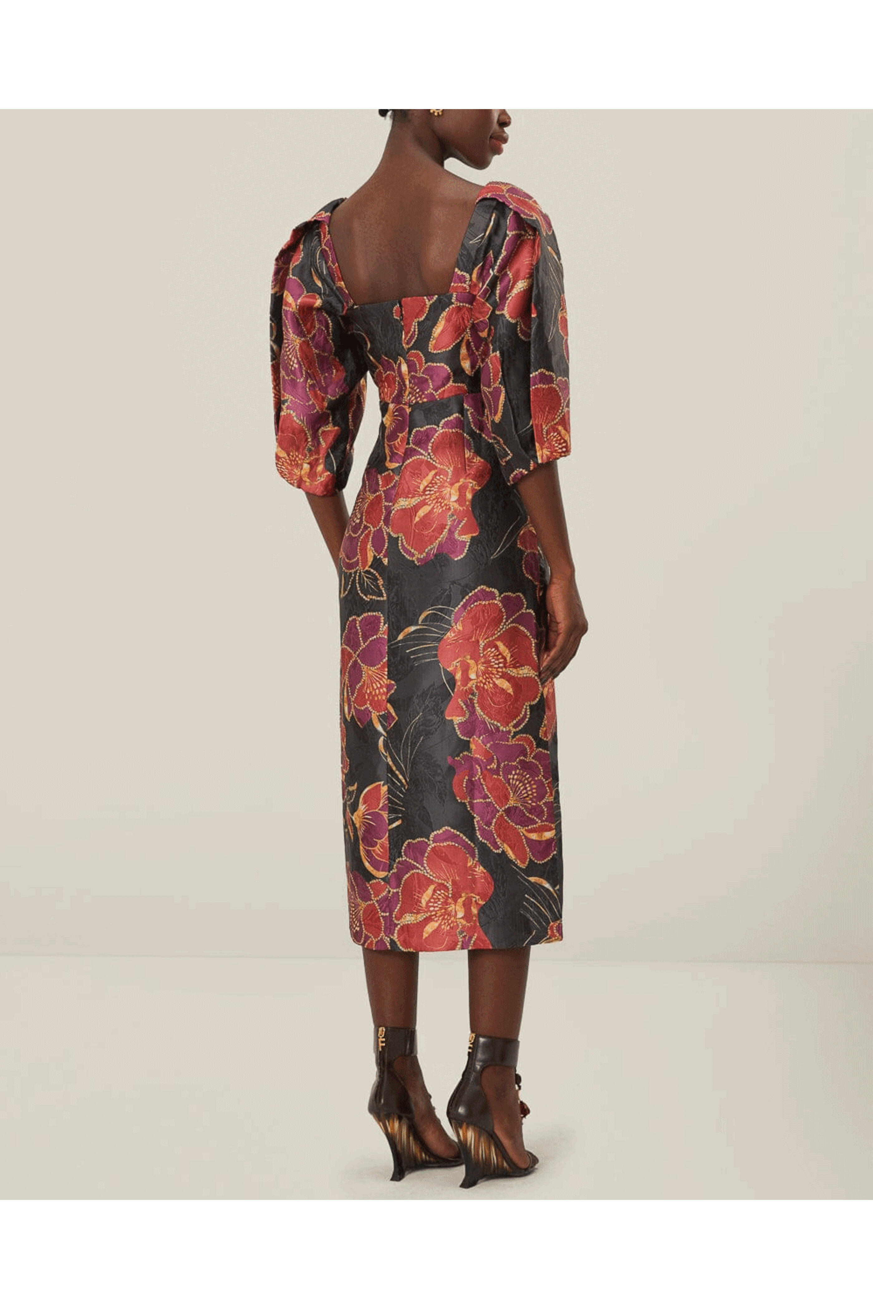 Farm Rio - Shiny Chita Black Shorts Sleeve Midi Dress