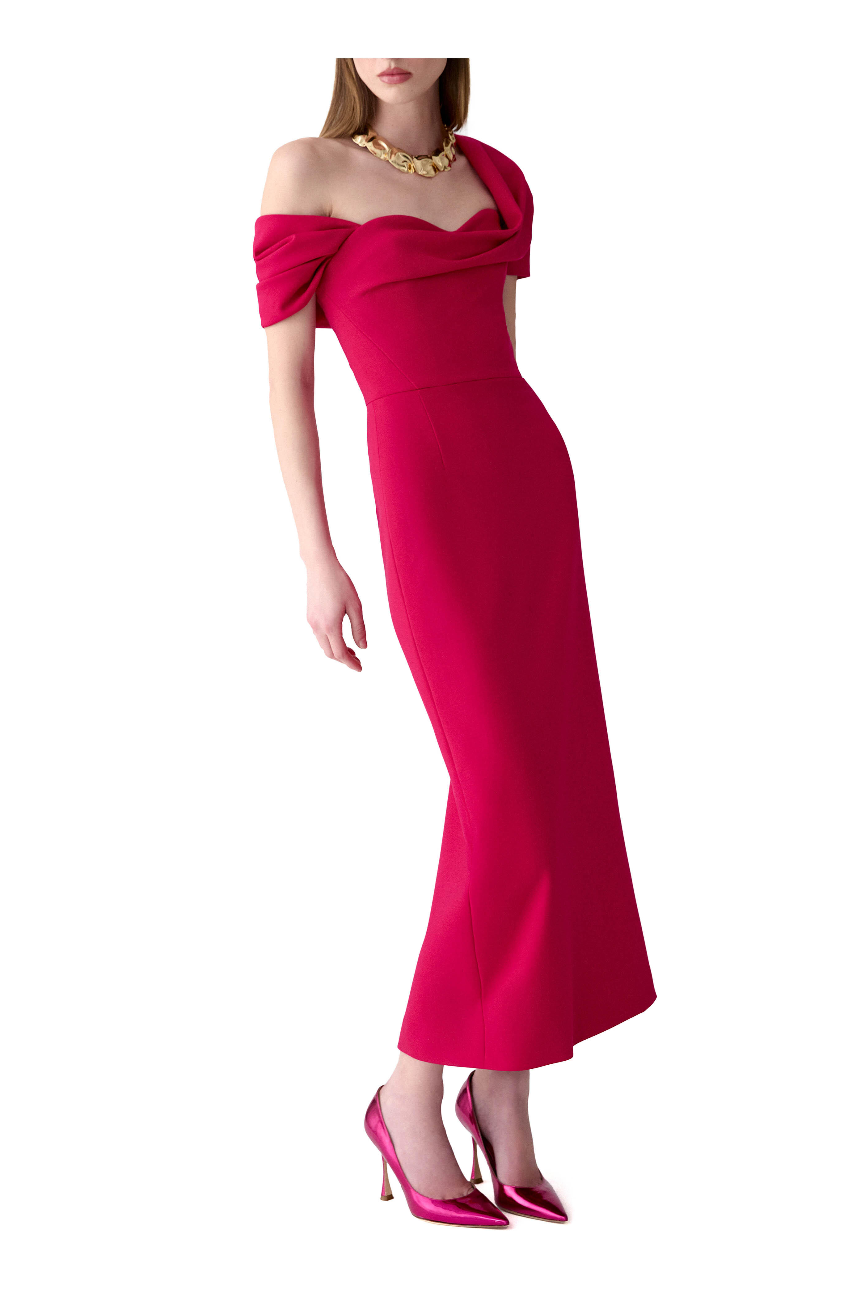 Carolina Herrera - Claret Draped Off-The-Shoulder Column Dress