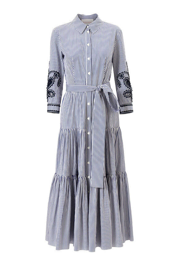 Carolina Herrera Blue & White Embroidered Stripe Midi Shirtdress - view 6