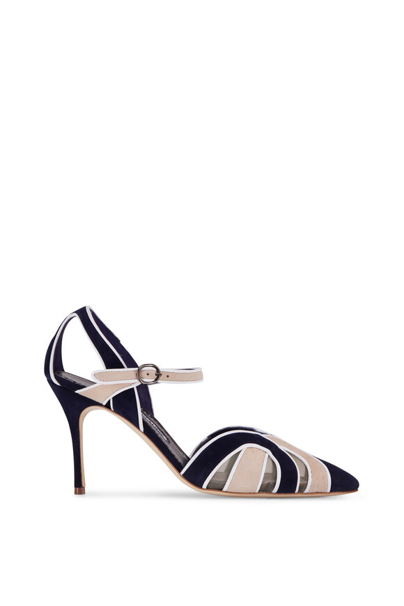 Manolo Blahnik - AMR Navy Blue Suede Cut-Out Detail Pumps, 90mm