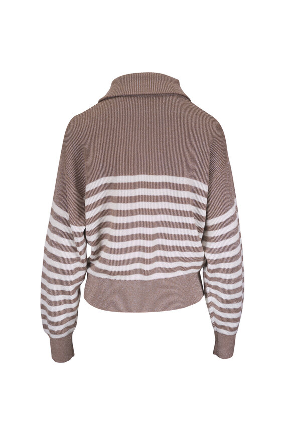 Brunello Cucinelli Beige & White Lurex Stripe Zip Up Cardigan - view 3
