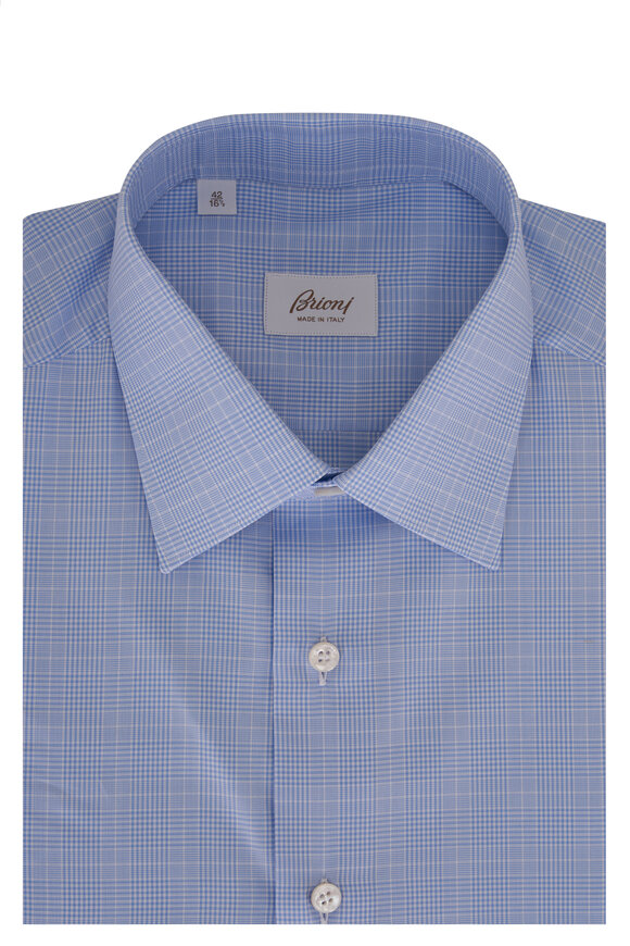 Brioni Blue Plaid Cotton Dress Shirt 