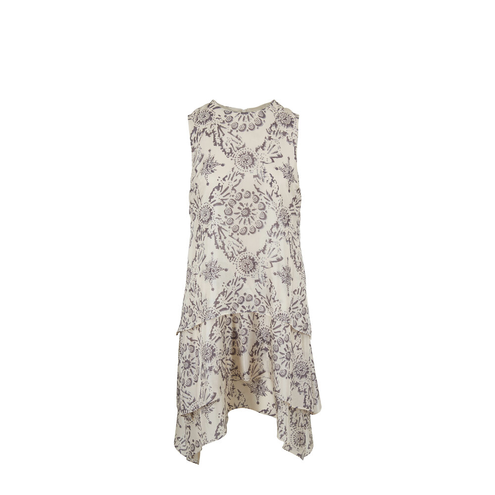 Brunello Cucinelli - Beige & Gray Silk Floral Sleeveless Dress