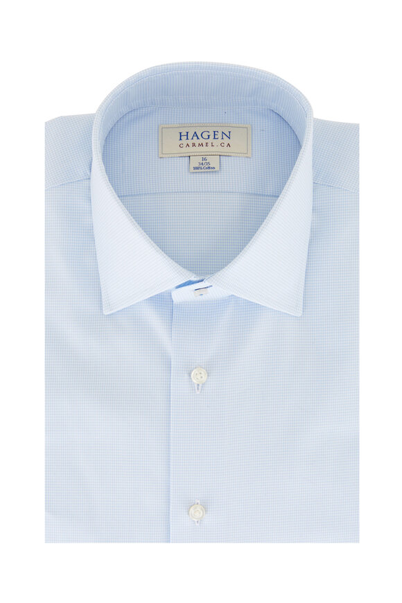 Hagen Shirts Light Blue Mini Houndstooth Cotton Dress Shirt