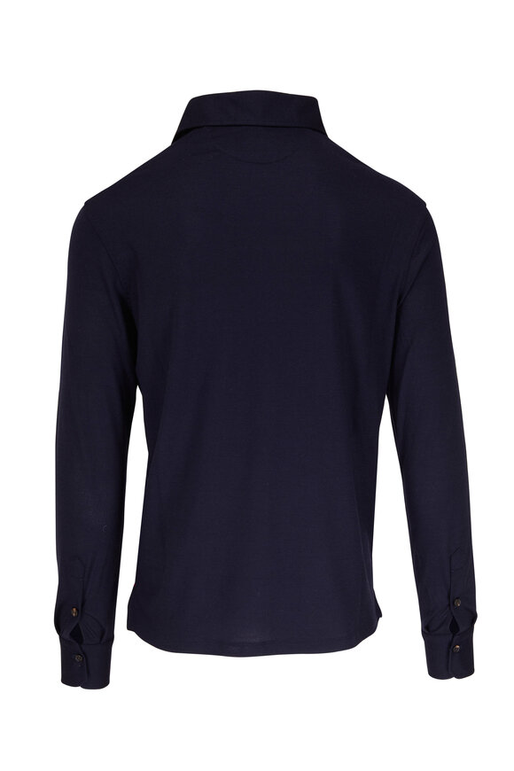 Isaia - Evening Solid Navy Wool Long Sleeve Polo