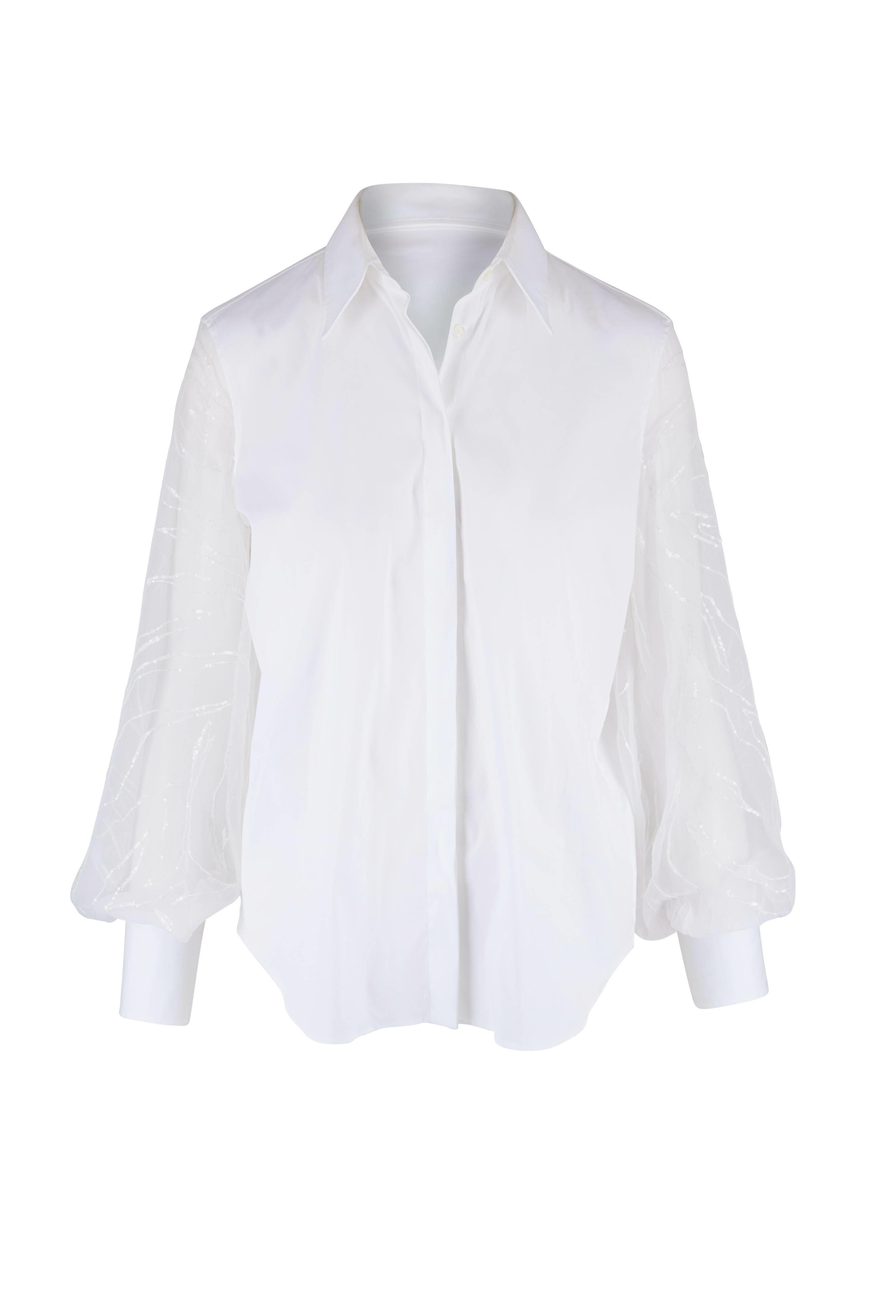 Brunello Cucinelli - White Sheer Sequin Sleeve Button Down
