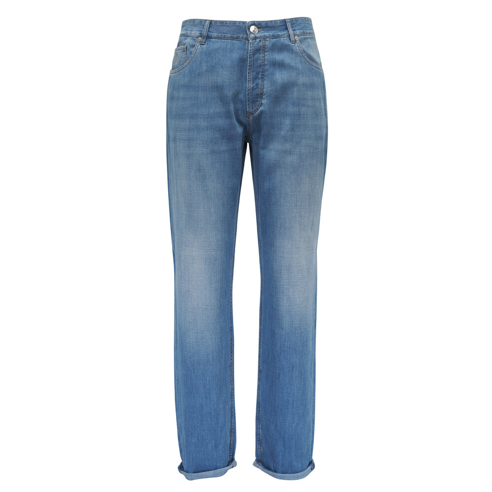 デニム・ジーパン BRUNELLO CUCINELLI SS25 Turn up jeans (ML134P5988 C001) Lightweight denim trousers for Man in Light Blue Denim